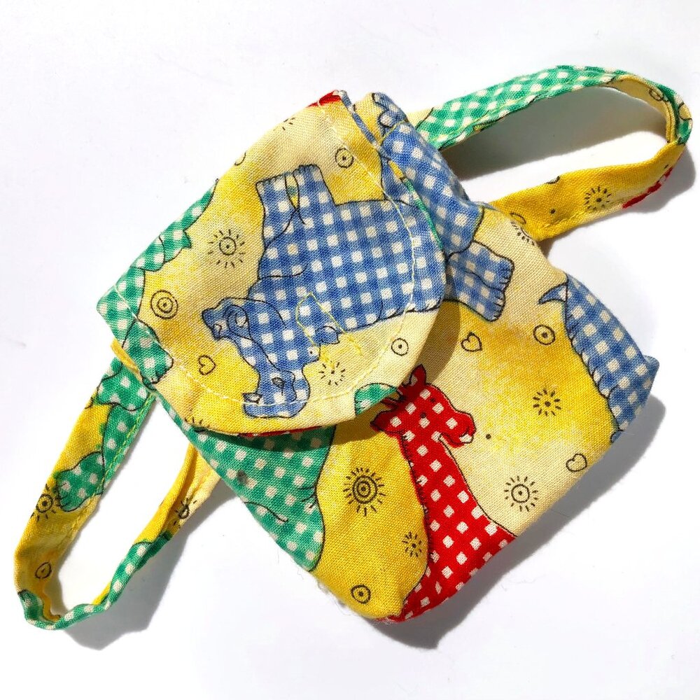 handmade doll backpack jungle animal print hippo giraffe hand sewn cloth yellow
